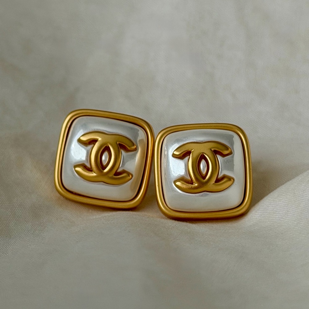 CHANEL Gold and Cream Square Earrings